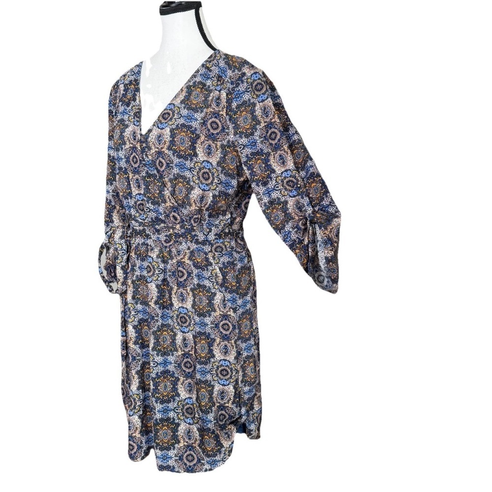 Daniel Rainn Blue Paisley Faux Wrap Mini Dress Med V-Neck Roll-Tab Sleeves Boho